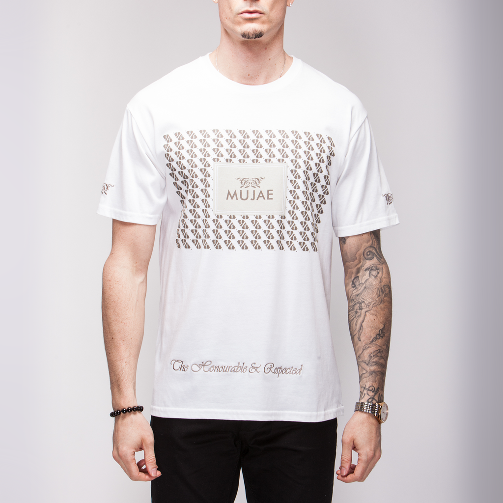 White Mujae Monogram Tee (tagline embroidery) Shirts - mujaestore