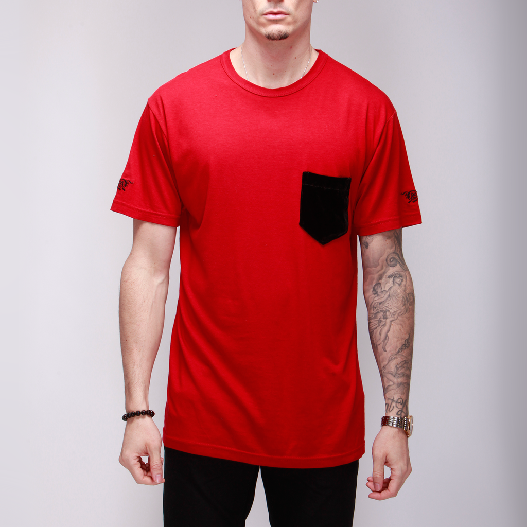 Red Cotton Tee with Silk Velvet Pocket Shirts - mujaestore