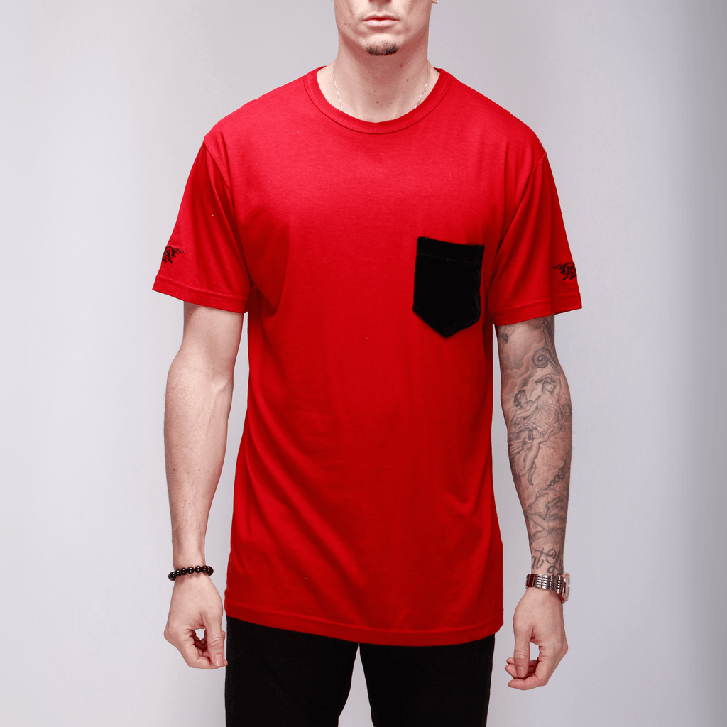Black Cotton Tee with Silk Velvet Pocket Shirts - mujaestore