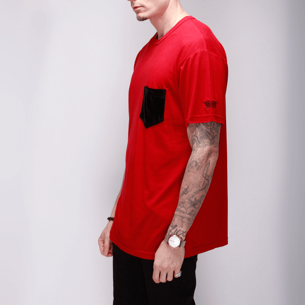 Red Cotton Tee with Silk Velvet Pocket Shirts - mujaestore