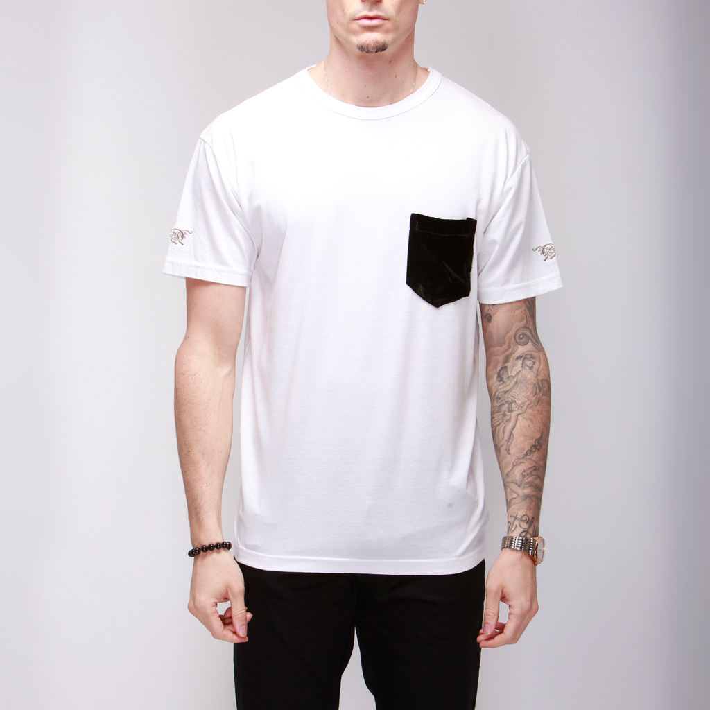 White Cotton Tee with Silk Velvet Pocket Shirts - mujaestore