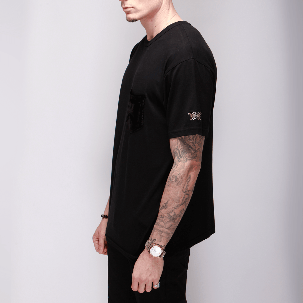 Black Cotton Tee with Silk Velvet Pocket Shirts - mujaestore