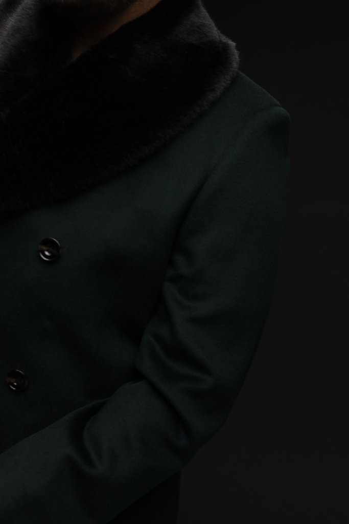 Denaro King - Rounded Faux Fur Collar Wool Cashmere Coat