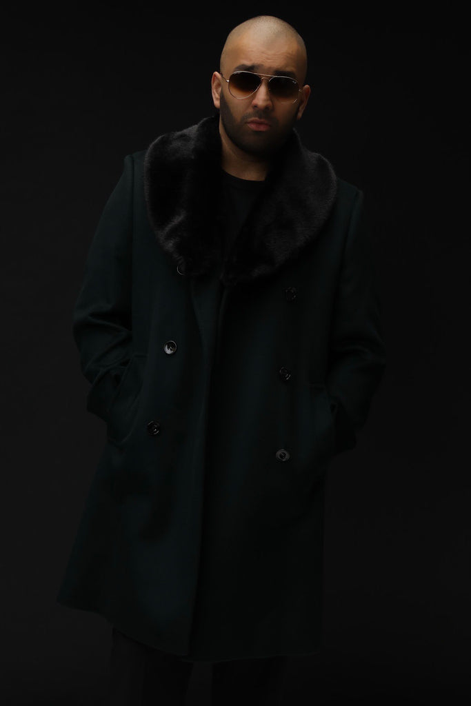 Denaro King - Rounded Faux Fur Collar Wool Cashmere Coat