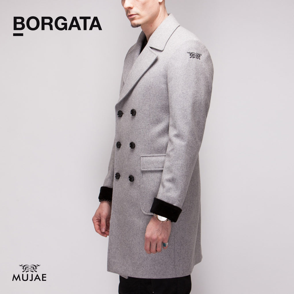 Borgata - Silk Velvet Cuffs Wool Grey Coat  Coats - mujaestore