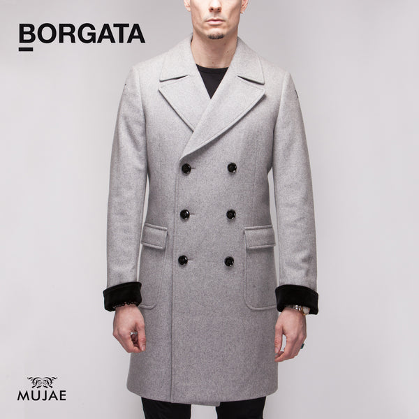 Borgata - Silk Velvet Cuffs Wool Grey Coat  Coats - mujaestore
