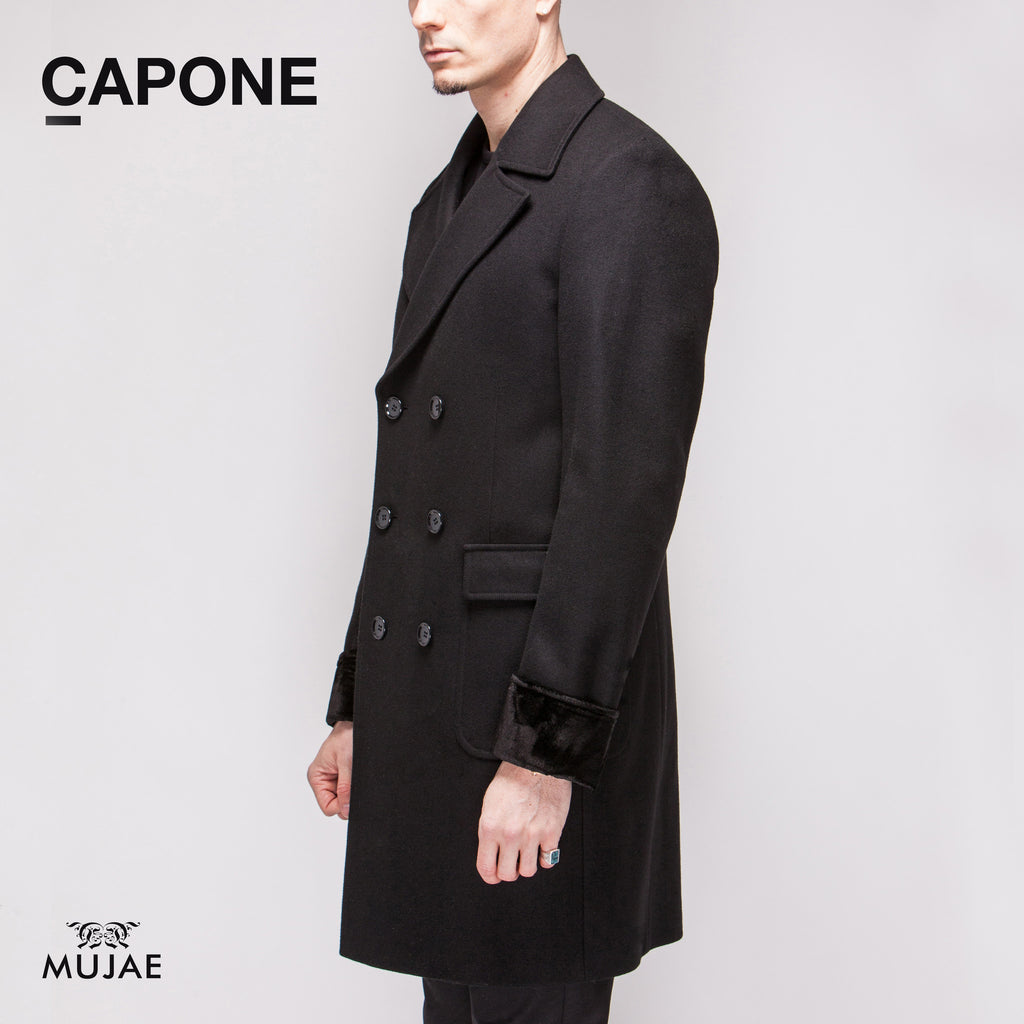 Capone - Silk-Velvet Cuffs Wool Black Coat  Coats - mujaestore