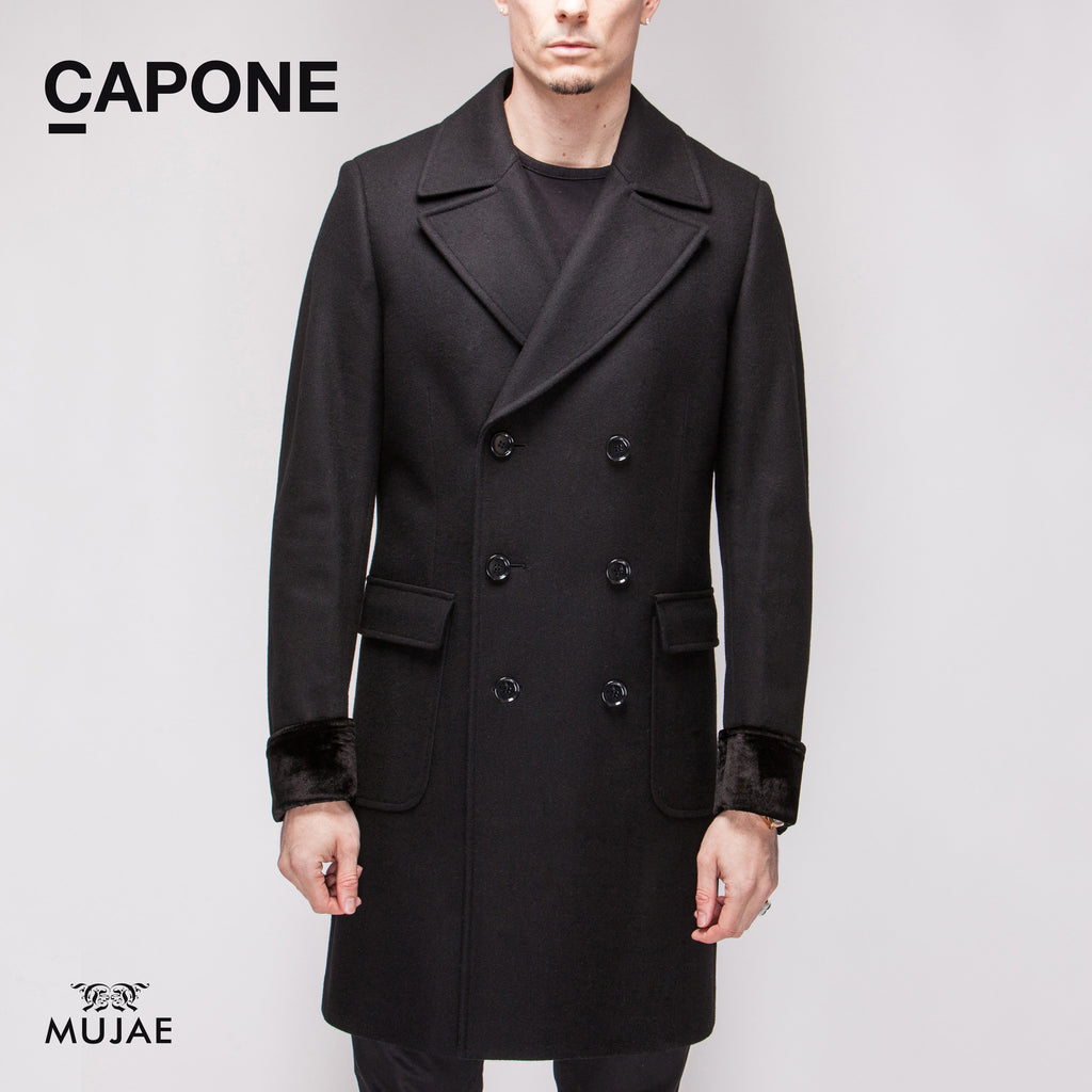 Capone - Silk-Velvet Cuffs Wool Black Coat  Coats - mujaestore