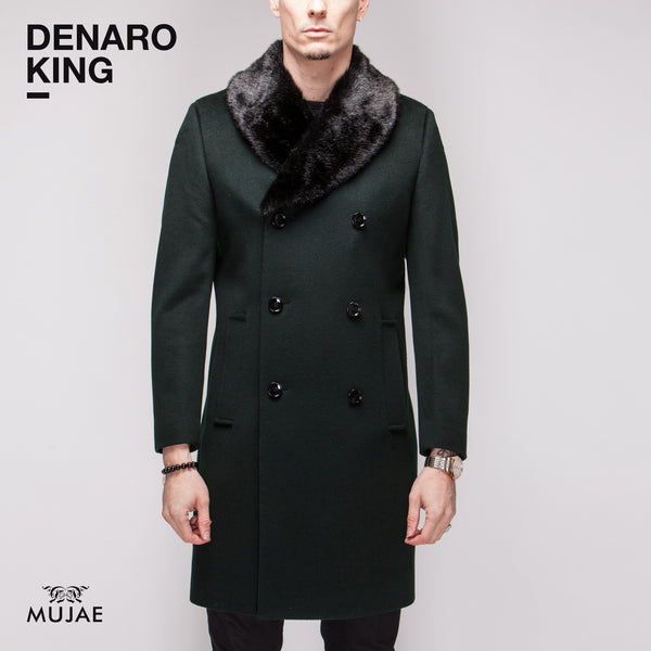 Denaro King - Rounded Faux Fur Collar Wool Cashmere Coat  Coats - mujaestore