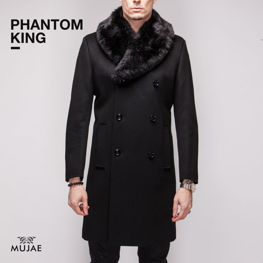 Phantom King - Rounded Faux Fur Collar Wool Cashmere Coat  Coats - mujaestore